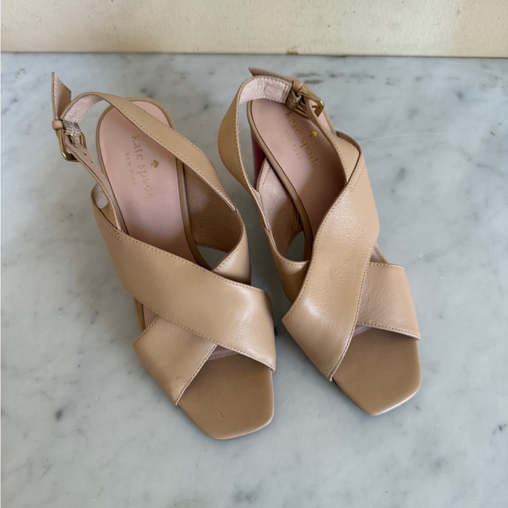 NEW Kate Spade Beige Crisscross Sandals with red bottoms